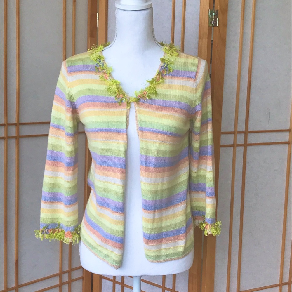 SIGRID OLSEN Pastel Stripes Fringe Open 3/4-Sleeve Cardigan Sweater size Small